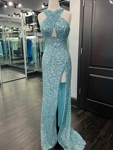 Sheath/Column V-neck Sequined Sweep Train Prom Dresses With Split Front #UKM020111927