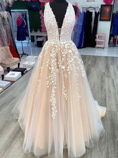 Ball Gown V-neck Lace Tulle Sweep Train Appliques Lace Prom Dresses #UKM020111930