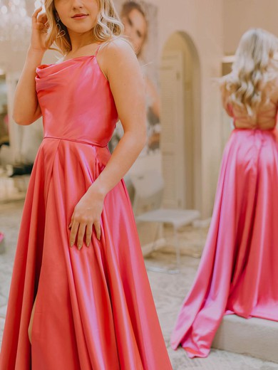 A-line Cowl Neck Silk-like Satin Sweep Train Prom Dresses With Split Front #UKM020111933