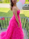 A-line V-neck Tulle Sweep Train Prom Dresses With Tiered #UKM020111935