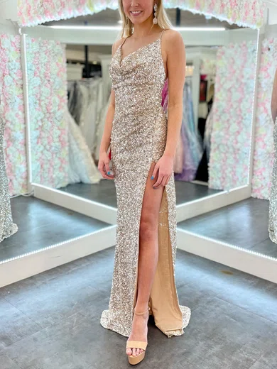Sheath/Column Cowl Neck Sequined Sweep Train Prom Dresses With Split Front #UKM020111943