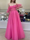 A-line Off-the-shoulder Tulle Sweep Train Prom Dresses #UKM020111944