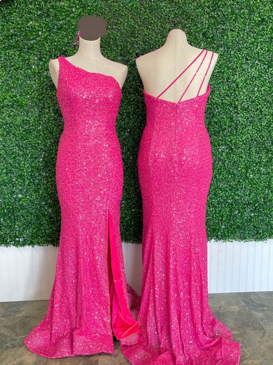 Sheath/Column One Shoulder Sequined Sweep Train Prom Dresses With Split Front #UKM020111945
