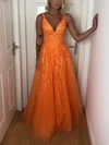 A-line V-neck Tulle Lace Sweep Train Prom Dresses With Beading #UKM020111947