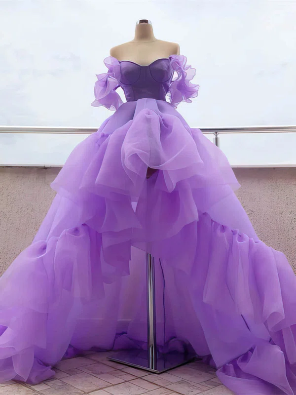 Princess Tulle Asymmetrical Off-the-shoulder Prom Dresses With Ruffle #UKM020111948