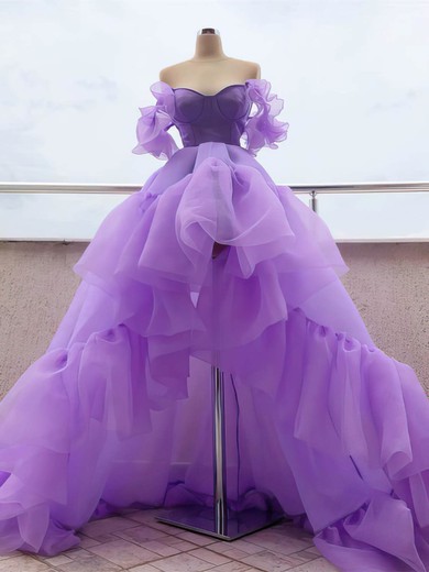 Princess Tulle Asymmetrical Off-the-shoulder Prom Dresses With Ruffle #UKM020111948