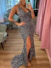 Trumpet/Mermaid V-neck Sequined Sweep Train Prom Dresses With Split Front #UKM020111949