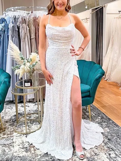 Sheath/Column Scoop Neck Sequined Sweep Train Prom Dresses With Split Front #UKM020111953