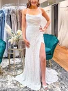 Sheath/Column Scoop Neck Sequined Sweep Train Prom Dresses With Split Front #UKM020111953