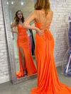 Trumpet/Mermaid V-neck Jersey Sweep Train Prom Dresses With Split Front #UKM020111958