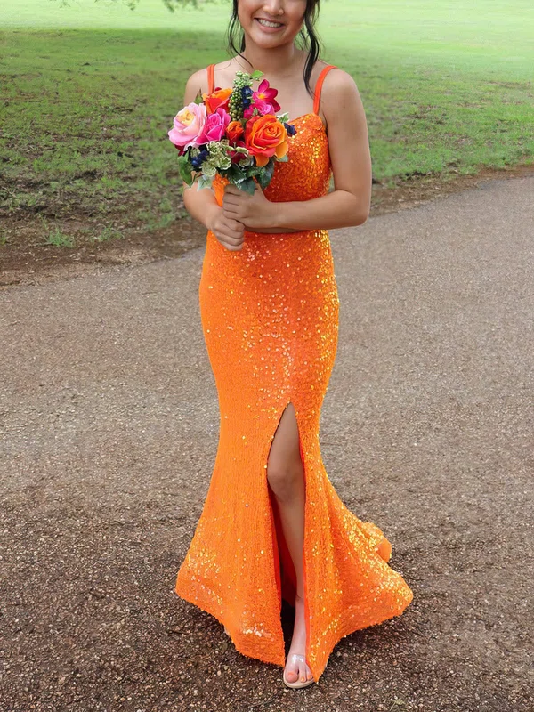 Trumpet/Mermaid V-neck Sequined Sweep Train Prom Dresses With Split Front #UKM020111974