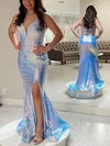 Trumpet/Mermaid V-neck Sequined Sweep Train Prom Dresses With Split Front #UKM020111978