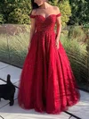 Princess Off-the-shoulder Tulle Sweep Train Prom Dresses With Beading #UKM020111979