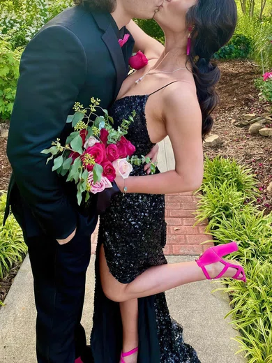 Sheath/Column V-neck Sequined Sweep Train Prom Dresses With Split Front #UKM020111980