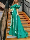A-line Off-the-shoulder Silk-like Satin Sweep Train Prom Dresses #UKM020111984