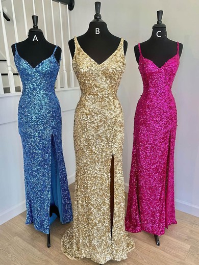 Sheath/Column V-neck Sequined Sweep Train Prom Dresses With Split Front #UKM020111985