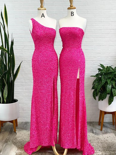 Sheath/Column One Shoulder Sequined Sweep Train Prom Dresses With Split Front #UKM020111987
