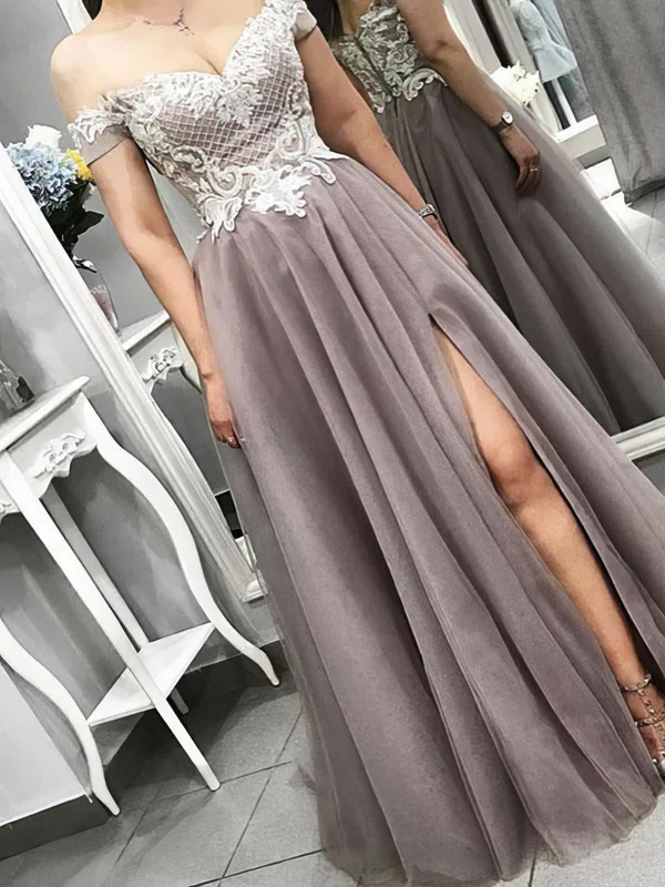 A-line Off-the-shoulder Tulle Lace Sweep Train Prom Dresses With Split Front #UKM020111999