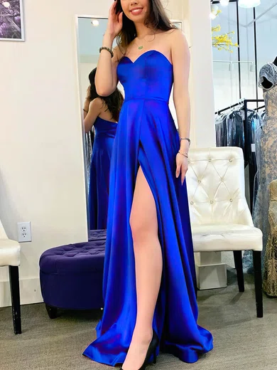 A-line Sweetheart Silk-like Satin Floor-length Prom Dresses With Split Front #UKM020112006