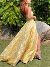 A-line Strapless Lace Sweep Train Prom Dresses With Split Front #UKM020112007