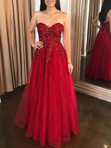 A-line Sweetheart Tulle Floor-length Prom Dresses With Sequins #UKM020112015