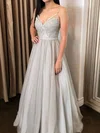 A-line V-neck Glitter Floor-length Prom Dresses With Beading #UKM020112016