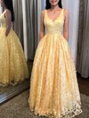 A-line V-neck Lace Floor-length Prom Dresses With Pockets #UKM020112017
