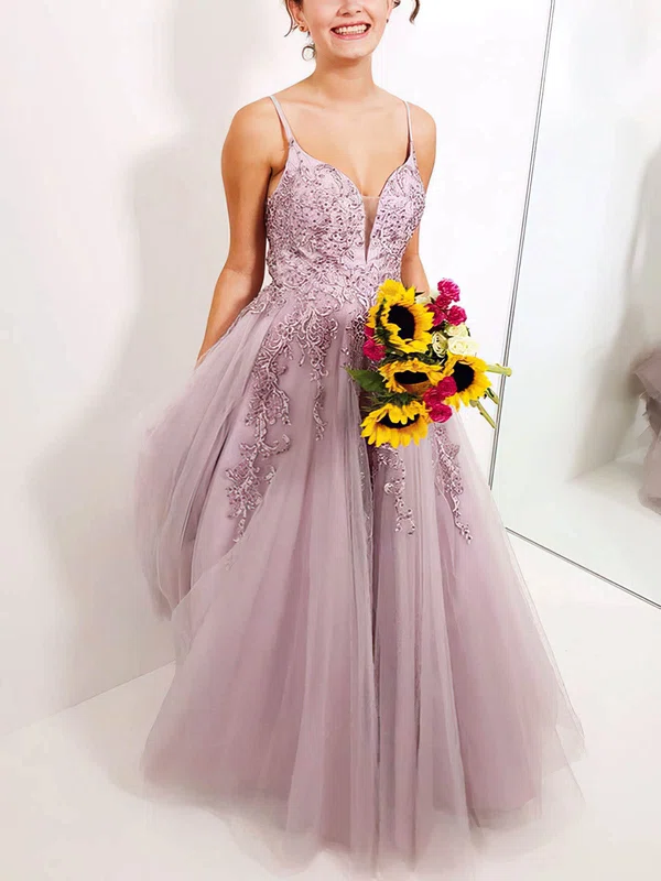 A-line V-neck Tulle Floor-length Prom Dresses With Appliques Lace #UKM020112022