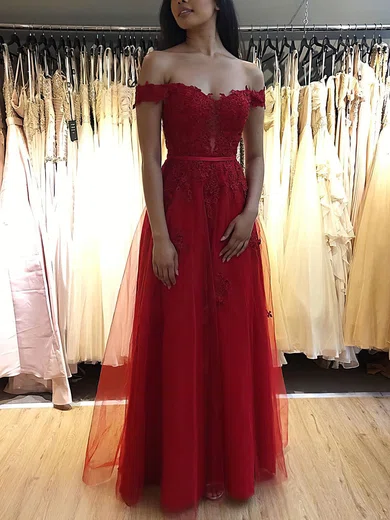 A-line Off-the-shoulder Tulle Floor-length Prom Dresses With Sashes / Ribbons #UKM020112037