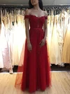 A-line Off-the-shoulder Tulle Floor-length Prom Dresses With Sashes / Ribbons #UKM020112037