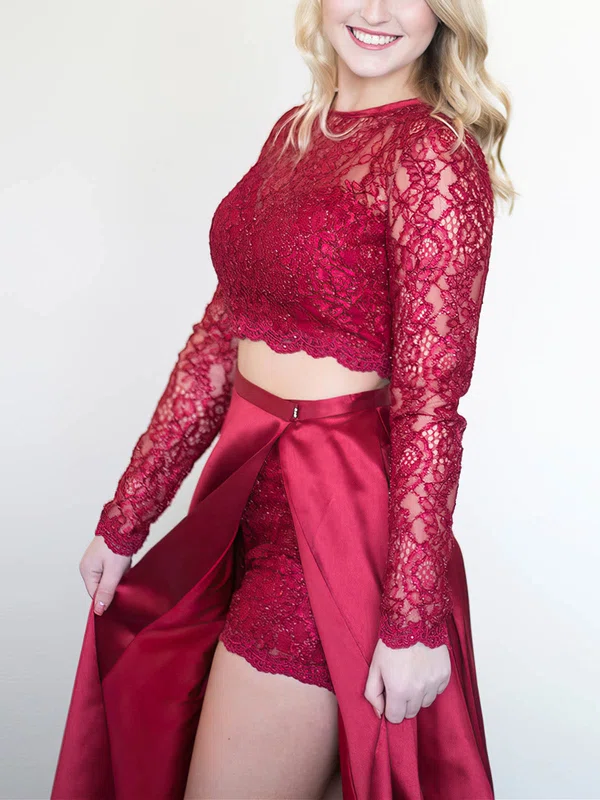A-line Scoop Neck Lace Satin Detachable Prom Dresses #UKM020112045