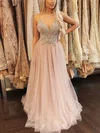 A-line V-neck Tulle Floor-length Prom Dresses With Appliques Lace #UKM020112047