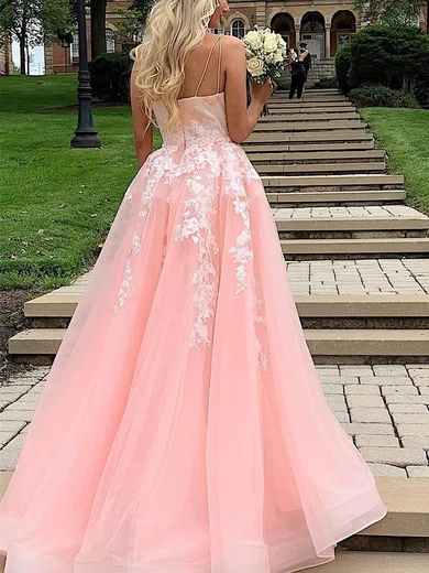 Princess Scoop Neck Tulle Sweep Train Prom Dresses With Appliques Lace #UKM020112048
