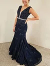Trumpet/Mermaid V-neck Lace Sweep Train Prom Dresses With Sashes / Ribbons #UKM020112055