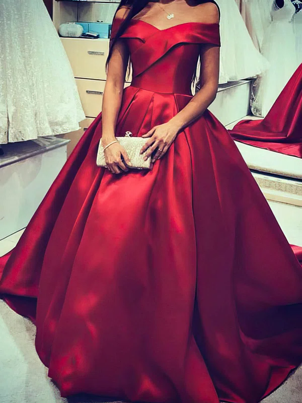 Ball Gown Off-the-shoulder Satin Sweep Train Prom Dresses #UKM020112059