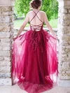 A-line V-neck Tulle Sweep Train Prom Dresses With Appliques Lace #UKM020112066