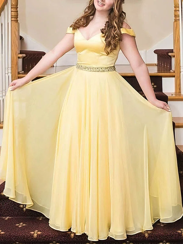 A-line Off-the-shoulder Chiffon Floor-length Prom Dresses With Sashes / Ribbons #UKM020112082