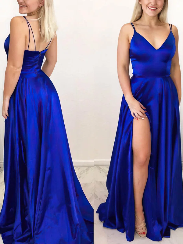 A-line V-neck Silk-like Satin Sweep Train Prom Dresses With Split Front #UKM020112090