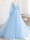 Princess V-neck Tulle Sweep Train Prom Dresses With Ruffles #UKM020112092