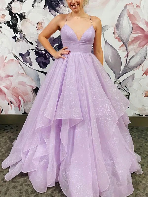 Princess V-neck Glitter Floor-length Prom Dresses #UKM020112093