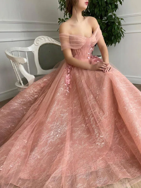 A-line Off-the-shoulder Tulle Sequined Sweep Train Prom Dresses With Flower(s) #UKM020112097