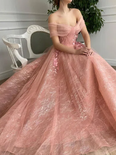 A-line Off-the-shoulder Tulle Sequin 3D Floral Prom Dresses #UKM020112097