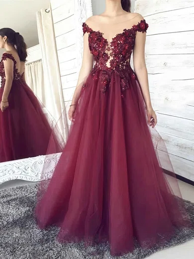 A-line Off-the-shoulder Tulle Sweep Train Prom Dresses With Flower(s) #UKM020112114