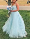Princess V-neck Sequined Sweep Train Prom Dresses With Appliques Lace #UKM020112118