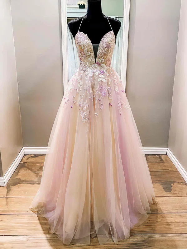 Princess V-neck Tulle Floor-length Prom Dresses With Split Front #UKM020112124