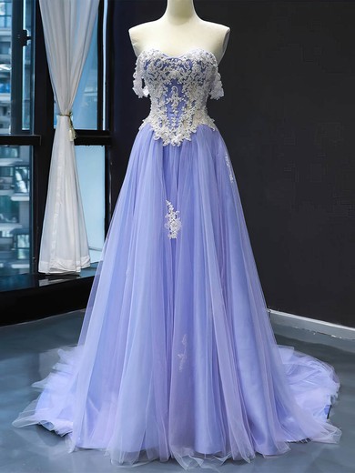 Princess Off-the-shoulder Tulle Sweep Train Prom Dresses With Appliques Lace #UKM020112131