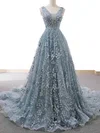 Ball Gown V-neck Lace Court Train Prom Dresses With Sashes / Ribbons #UKM020112132