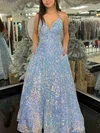 A-line V-neck Sequined Sweep Train Prom Dresses With Pockets #UKM020112136