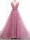 Princess V-neck Tulle Court Train Prom Dresses With Sashes / Ribbons #UKM020112142