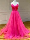 Ball Gown V-neck Tulle Sweep Train Ruffles Prom Dresses #UKM020112146